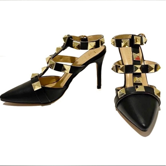 NICOLE MILLER Selty Black Gold Strap Studded Pointy Toe Heels Pumps - Picture 2 of 13